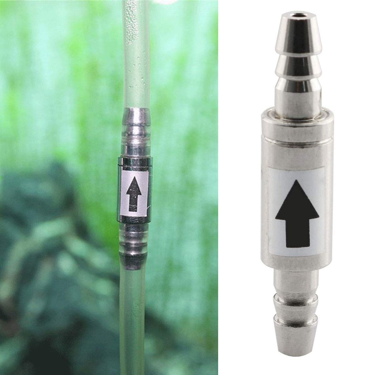 Cystarry anti-backflow valve close-up highlights rust-resistant stainless steel build.