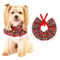 Cyzucle dog Christmas outfit with bells and plaid for a festive holiday photoshoot.