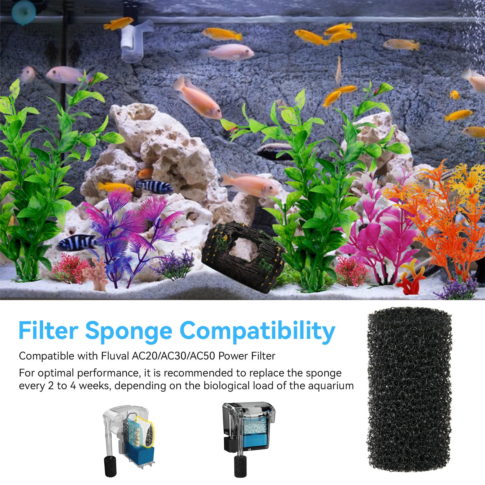 Czarixa pre-filter sponge intake coverage demonstrates easy slide-on fit for Fluval AC20, protecting small fish