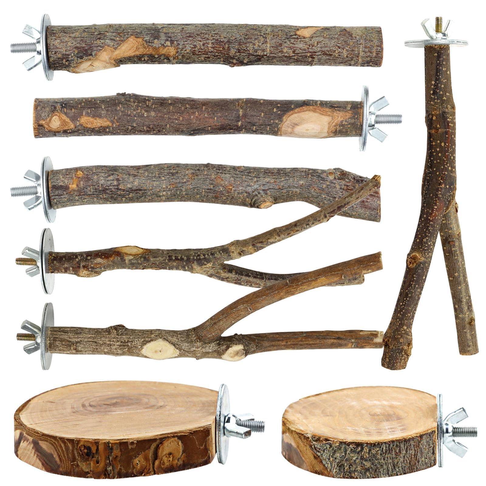 CZWESTC natural wood branch perch provides secure grip for small birds.