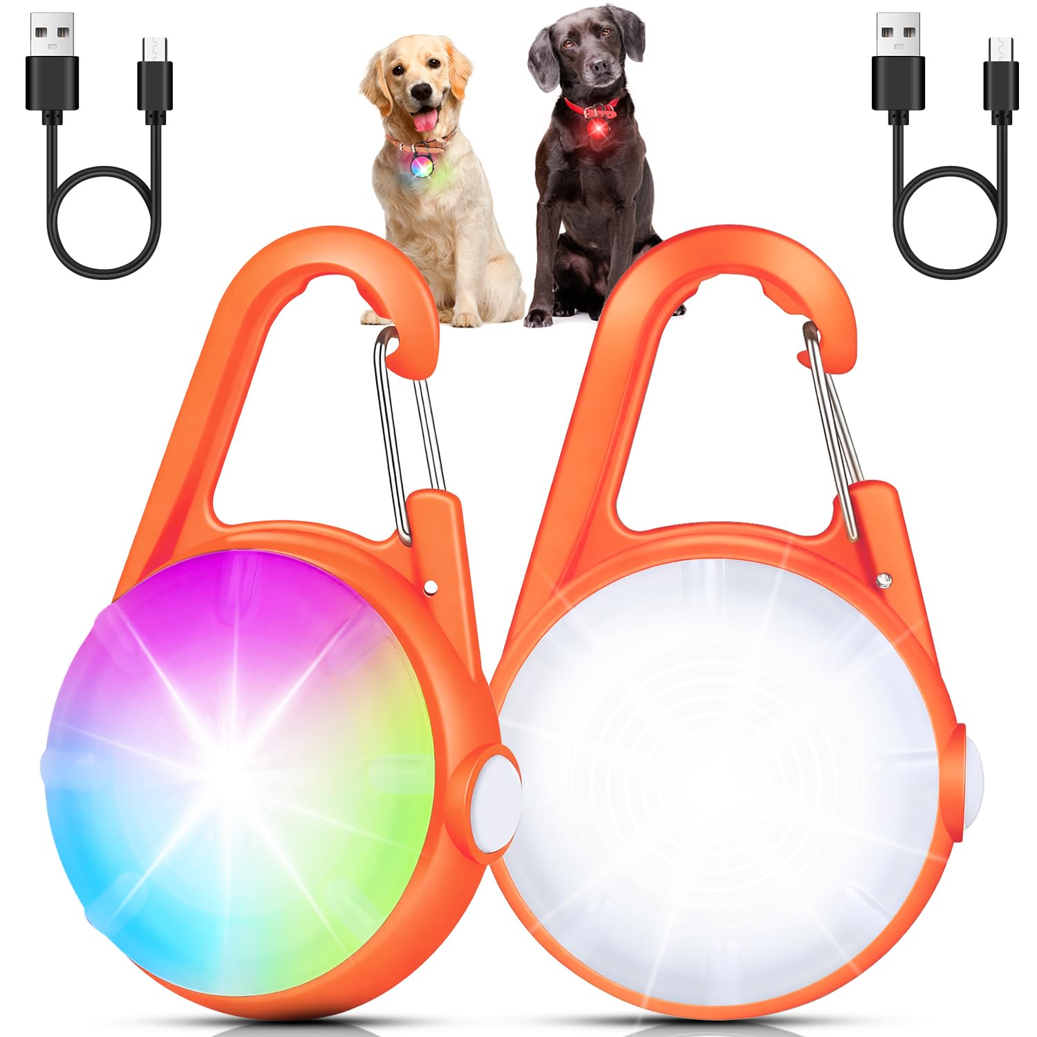 DAAMENT 2-pack orange dog collar light, front view, boosts nighttime visibility during walks.