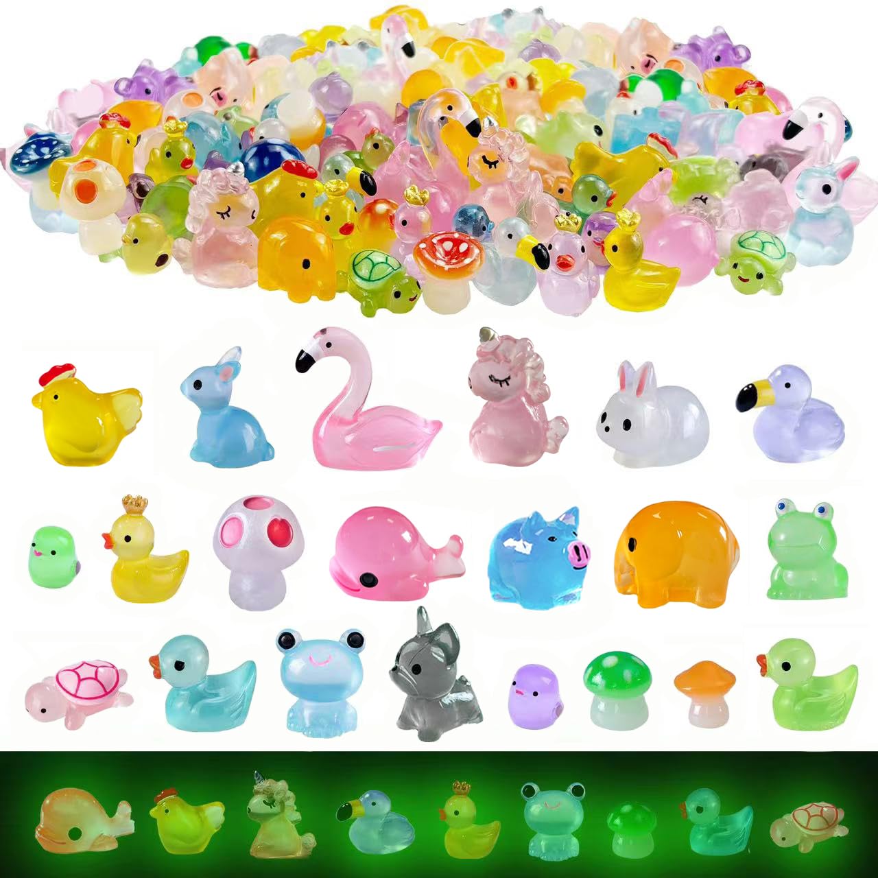 Dabshuyikk glow mini resin animals package shows 100 pieces for versatile DIY decor.