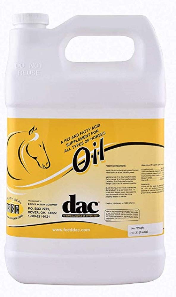 DAC Oil gallon jug showcases weight gain support and coat health for horses