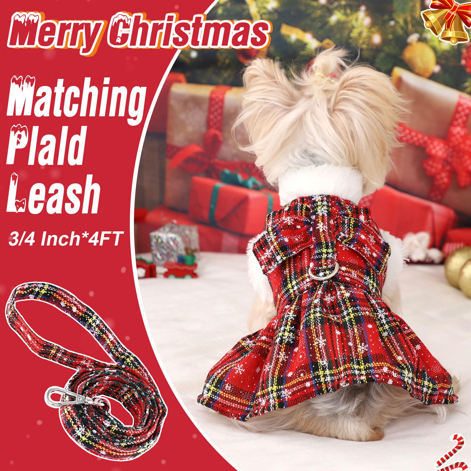 DaFuEn dog sweater dress back view shows classic check print and cozy fit.