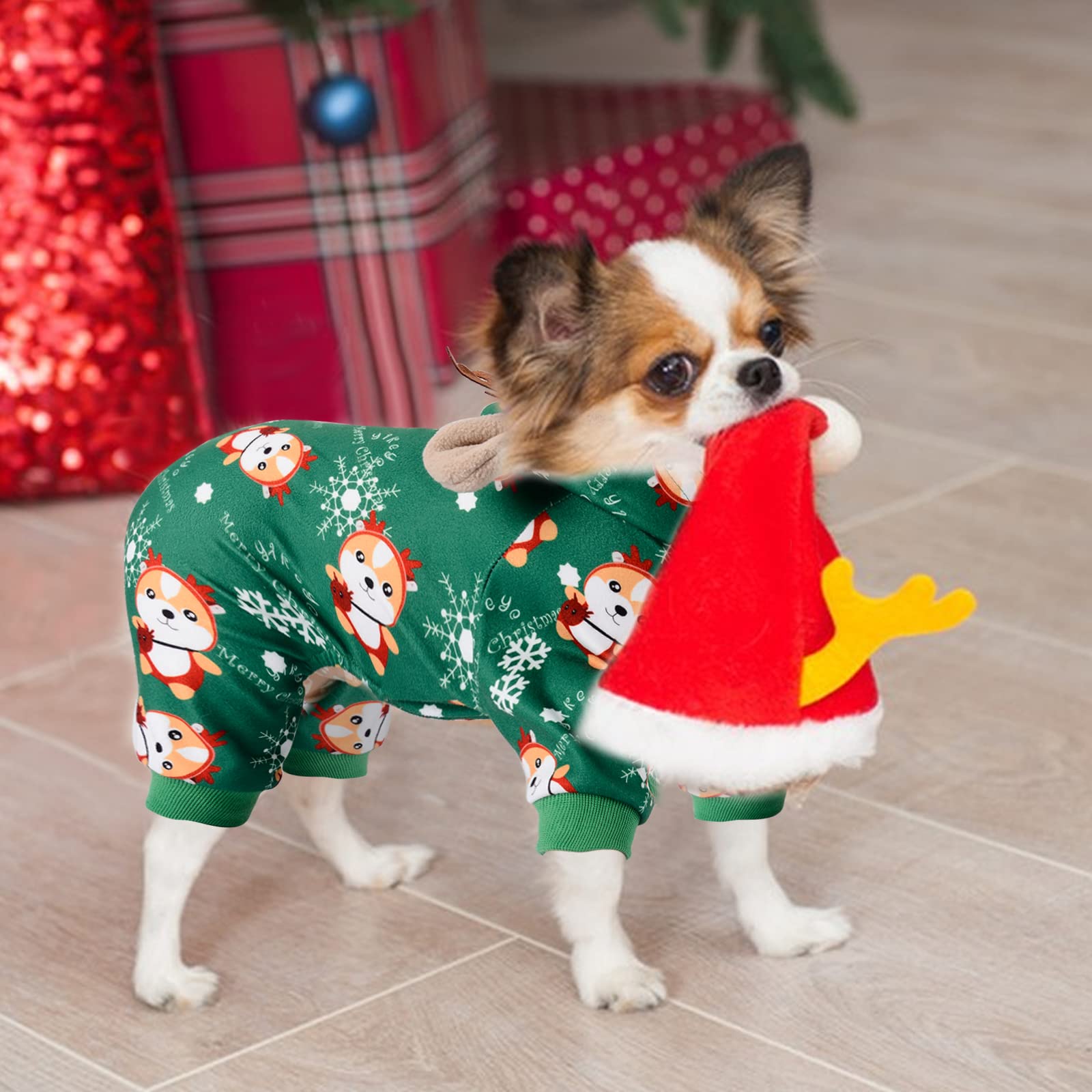 DaFuEn dog Christmas pajamas worn in a cozy indoor holiday scene.