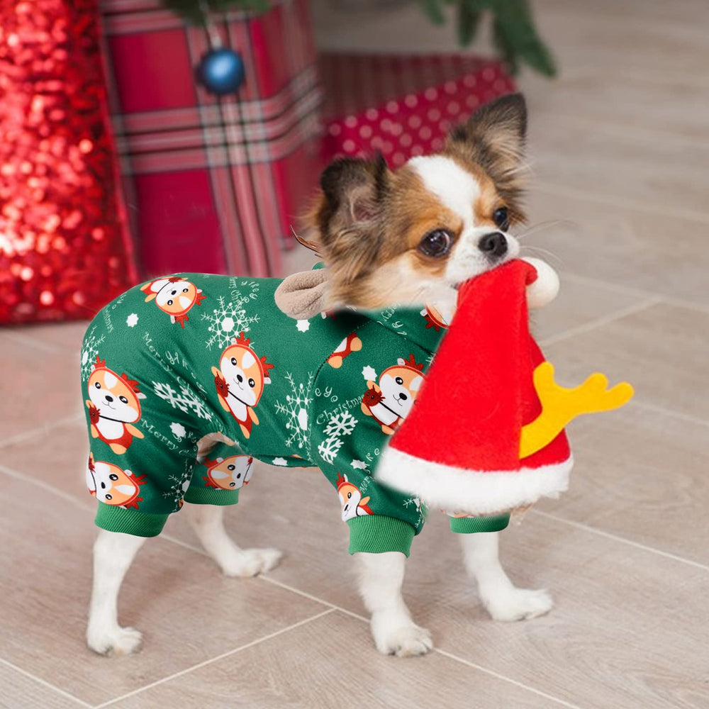 DaFuEn dog Christmas pajamas worn in a cozy indoor holiday scene.