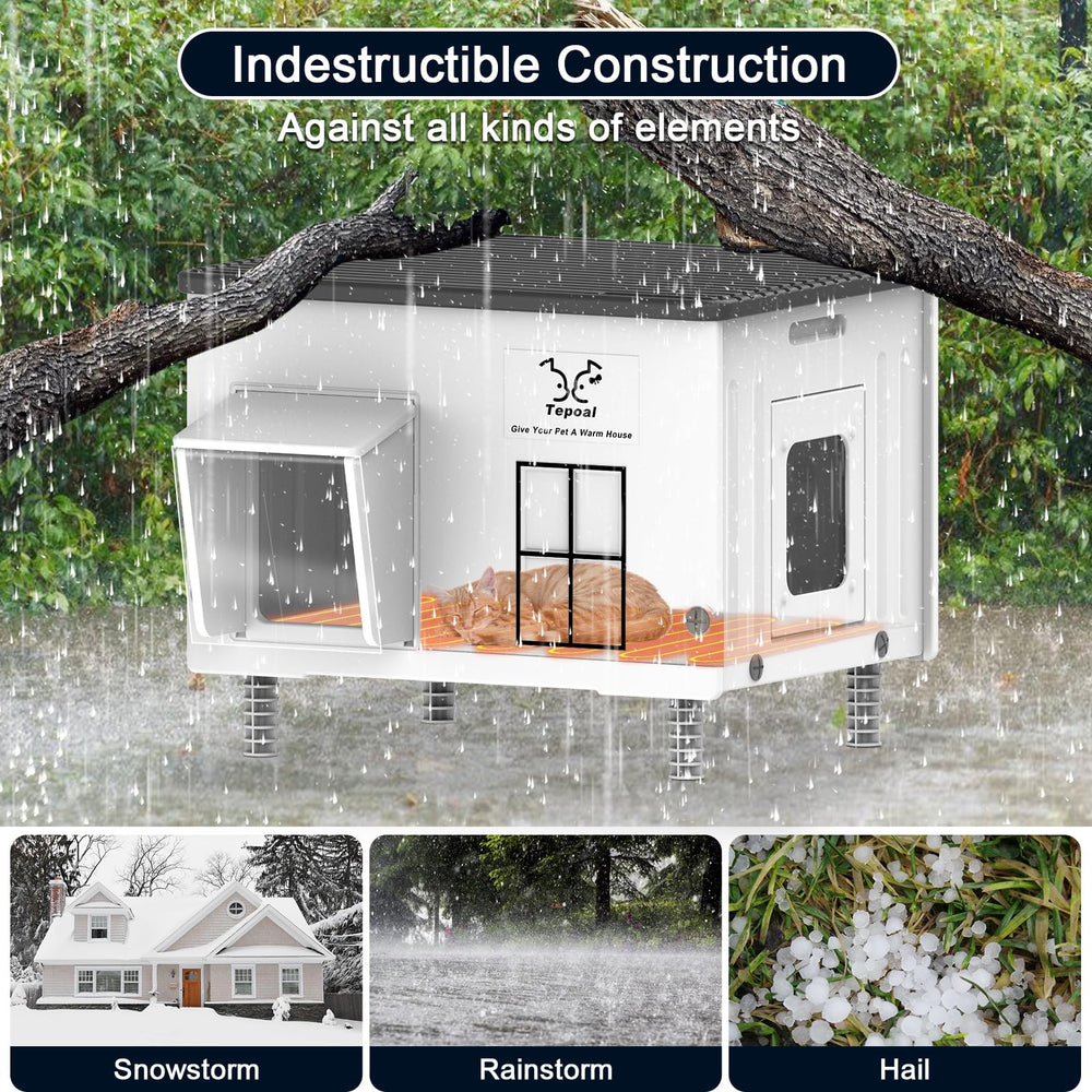 Dahivs Indestructible Heated Cat House elevated base keeps cats dry.