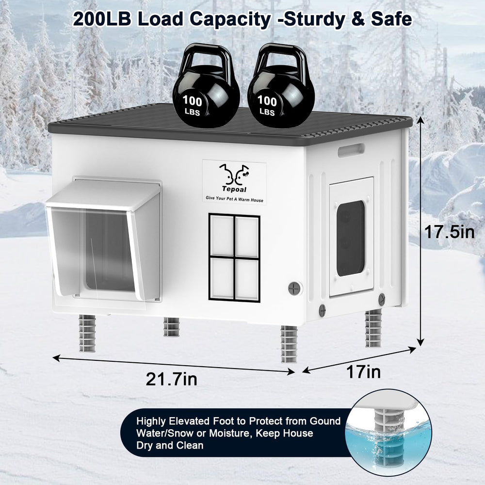 Dahivs Indestructible Heated Cat House escape door detail enables safe exits for outdoor cats.