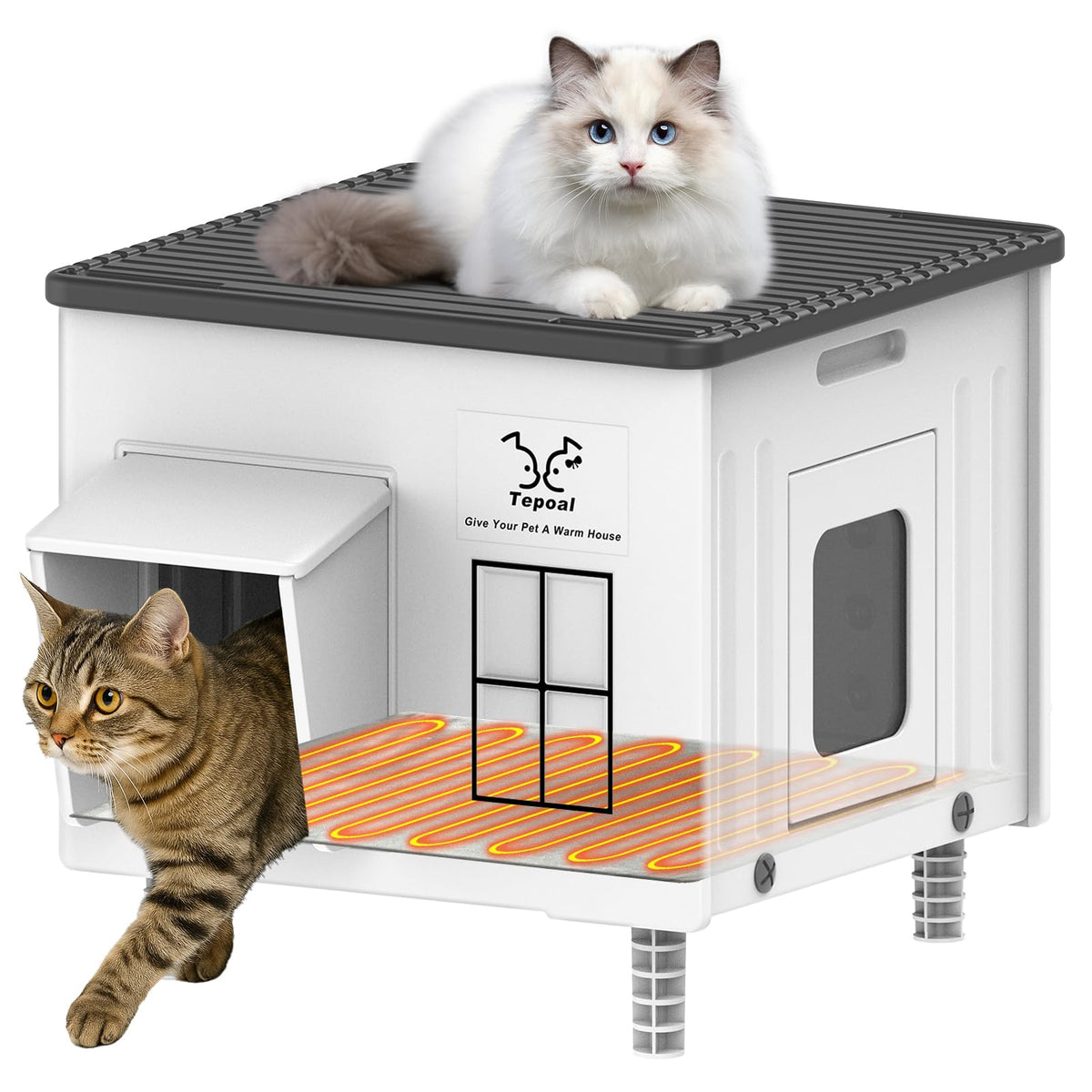 Dahivs Indestructible Heated Cat House exterior shows weatherproof shelter for outdoor cats.