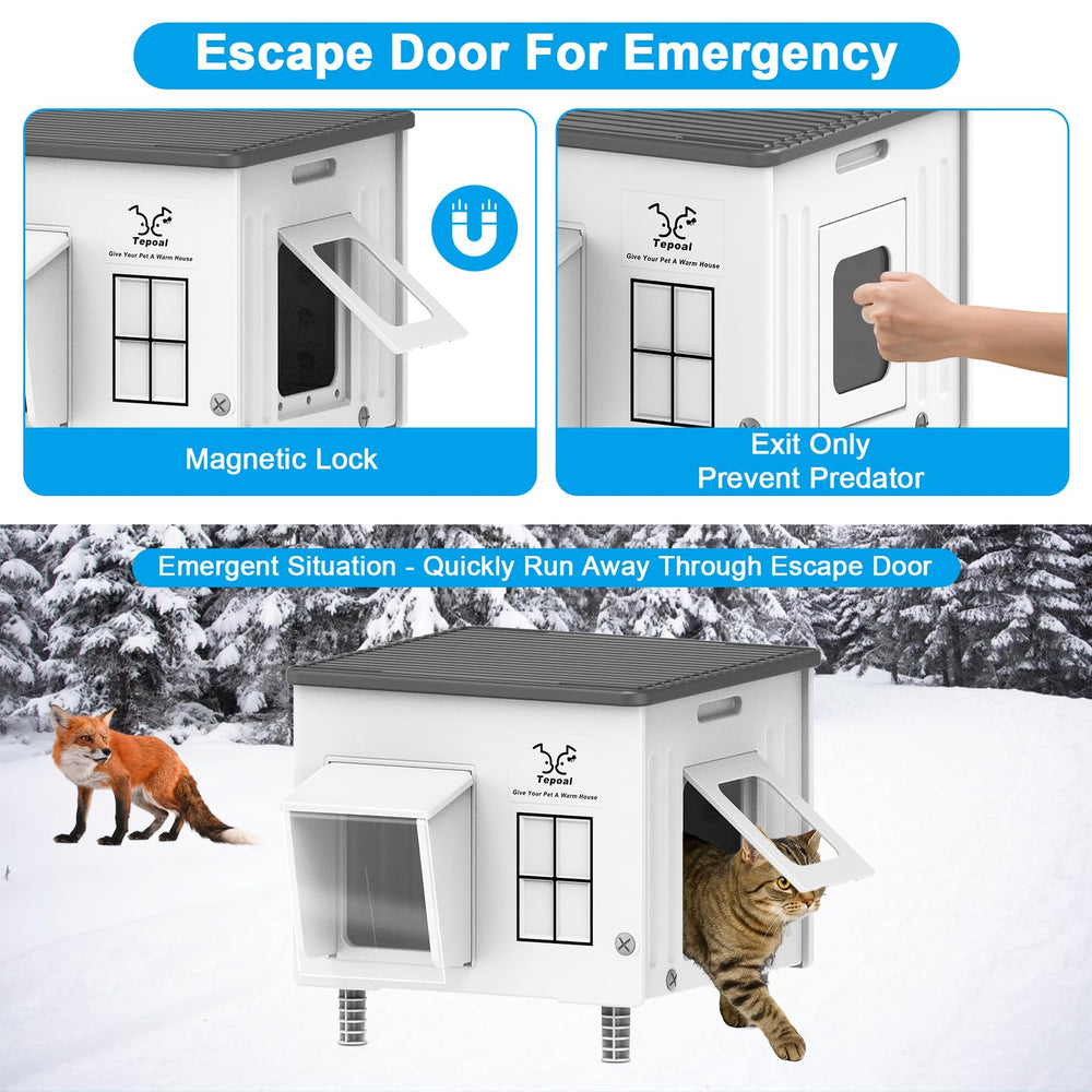 Dahivs Indestructible Heated Cat House waterproof awning shields from rain for dry naps.