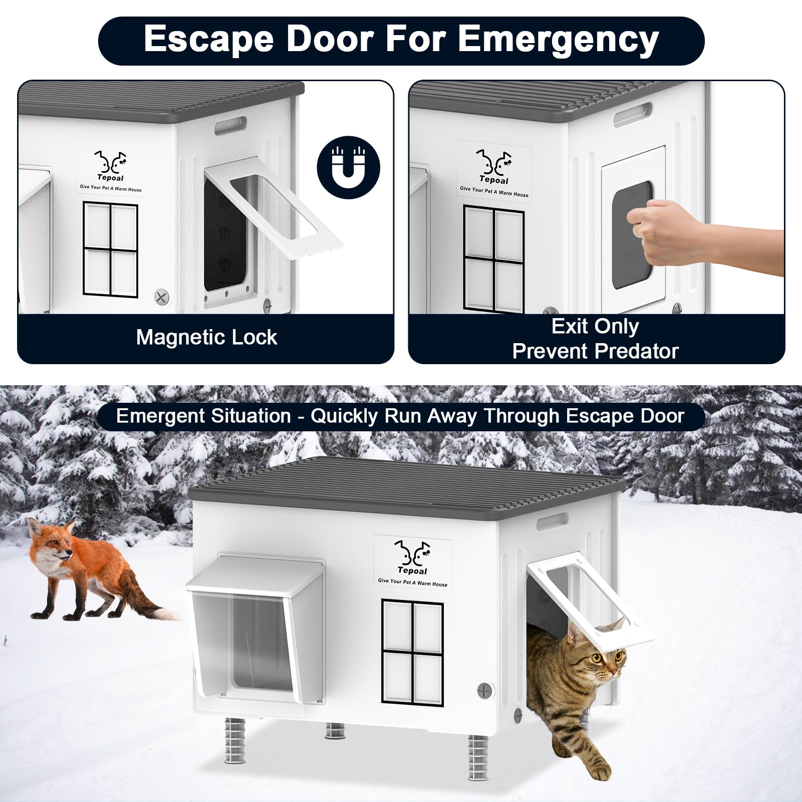 Dahivs Indestructible Heated Cat House waterproof awning shields interior from rain.