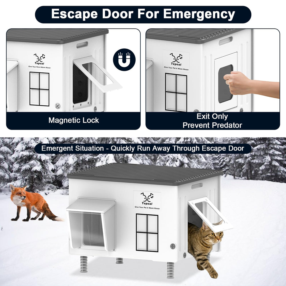 Dahivs Indestructible Heated Cat House waterproof awning shields interior from rain.