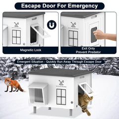 Dahivs Indestructible Heated Cat House waterproof awning shields interior from rain.
