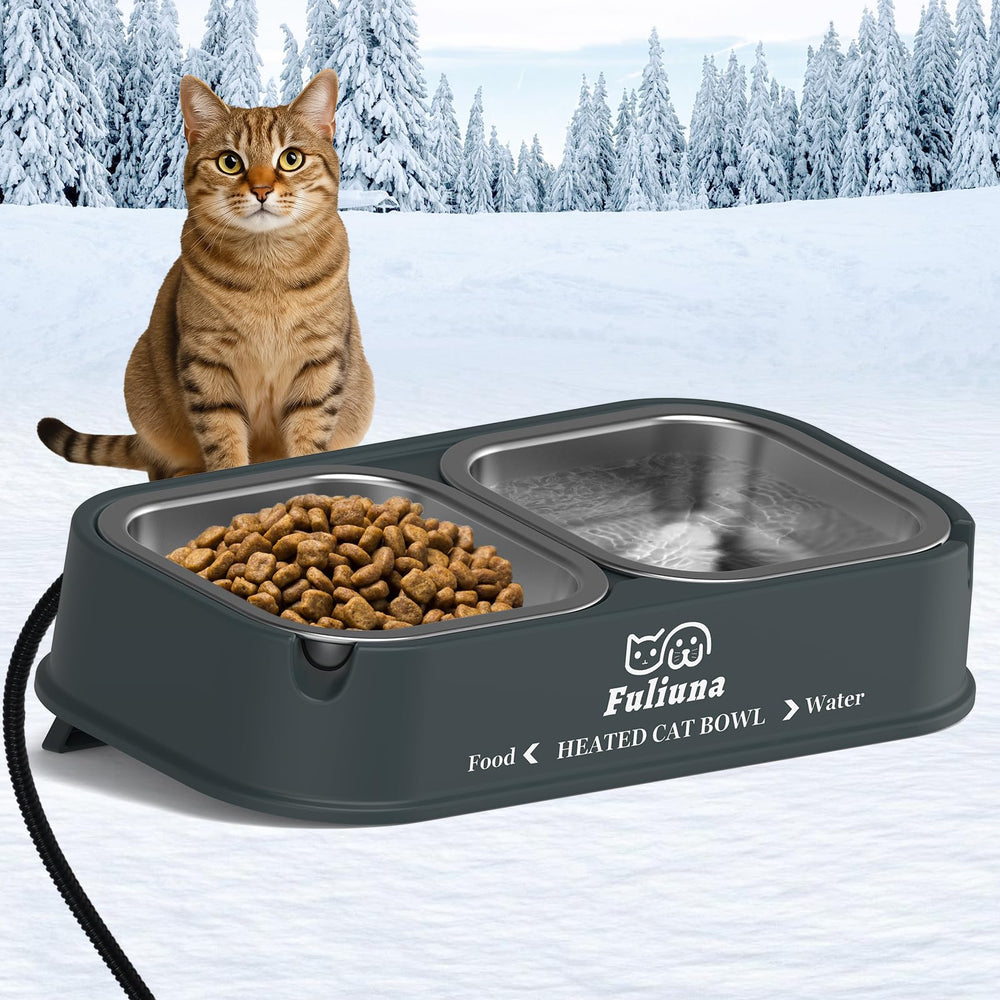 Dahivs outdoor heated cat bowl with 56oz capacity and dual bowls for water and food.