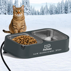 Dahivs outdoor heated cat bowl with 56oz capacity and dual bowls for water and food.