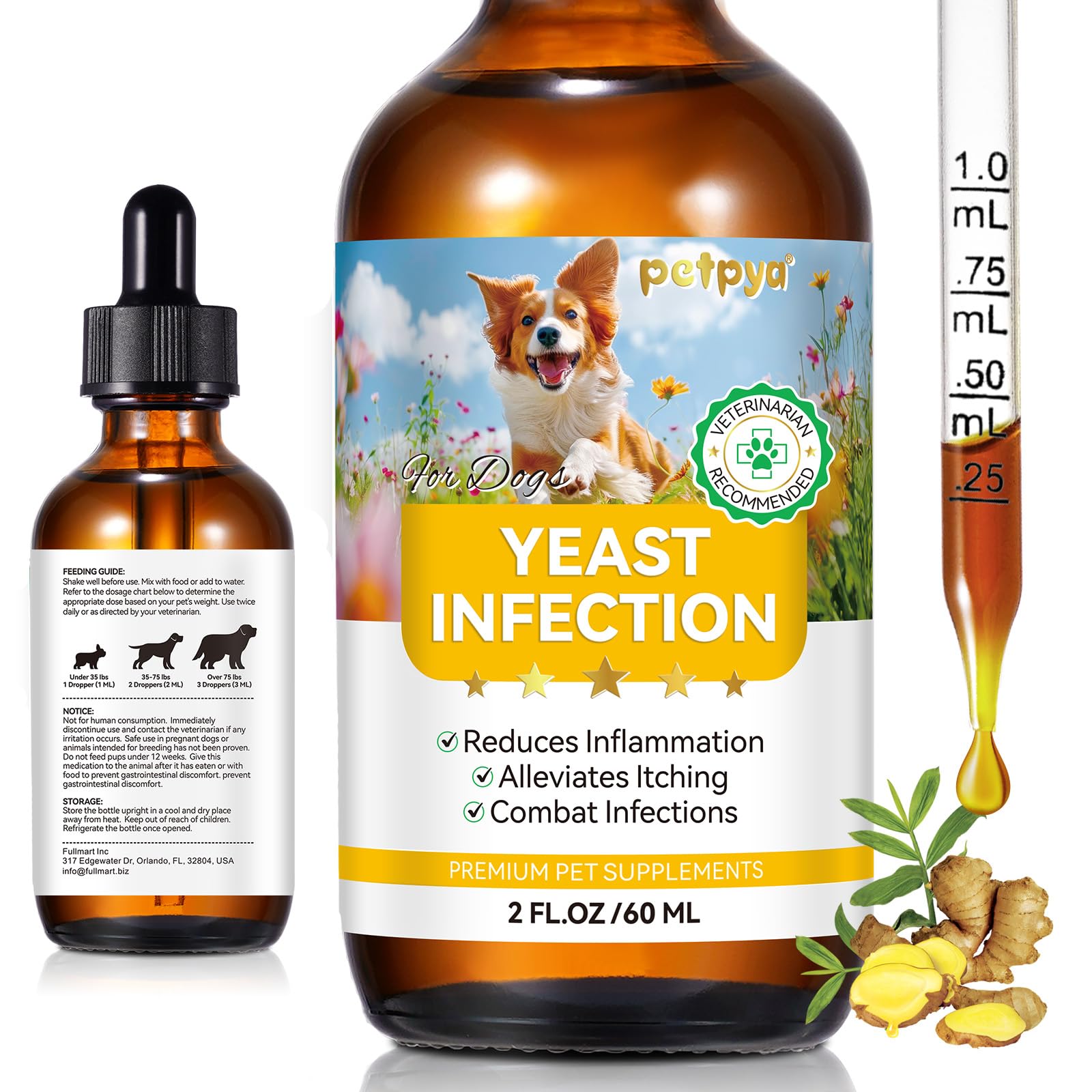 Daiasns dog yeast infection drops bottle showing itching relief and inflammation support