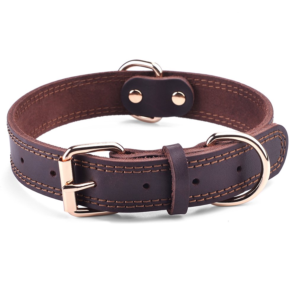 DAIHAQIKO leather dog collar closeup showing genuine leather texture for comfort.