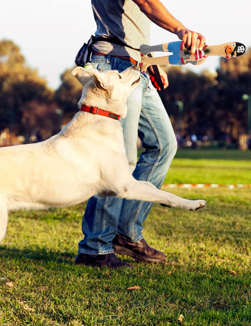 DAJOOEE rubber chicken toy bouncing mid-air, perfect for lively play sessions.