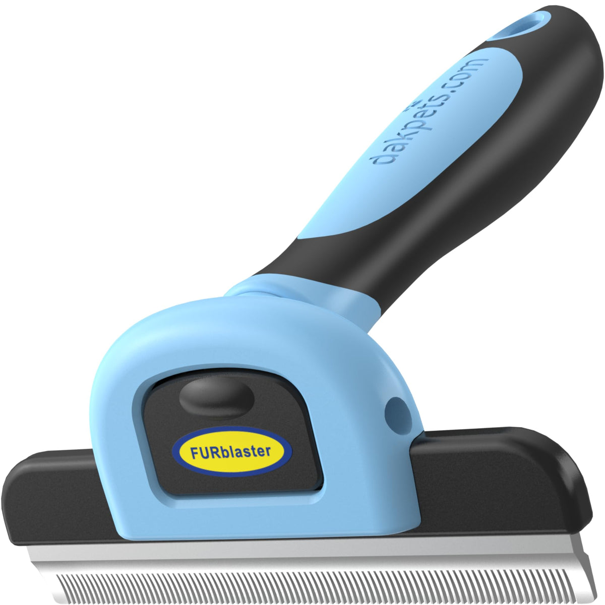 DakPets deshedding tool handle closeup showing ergonomic grip for comfortable grooming sessions.