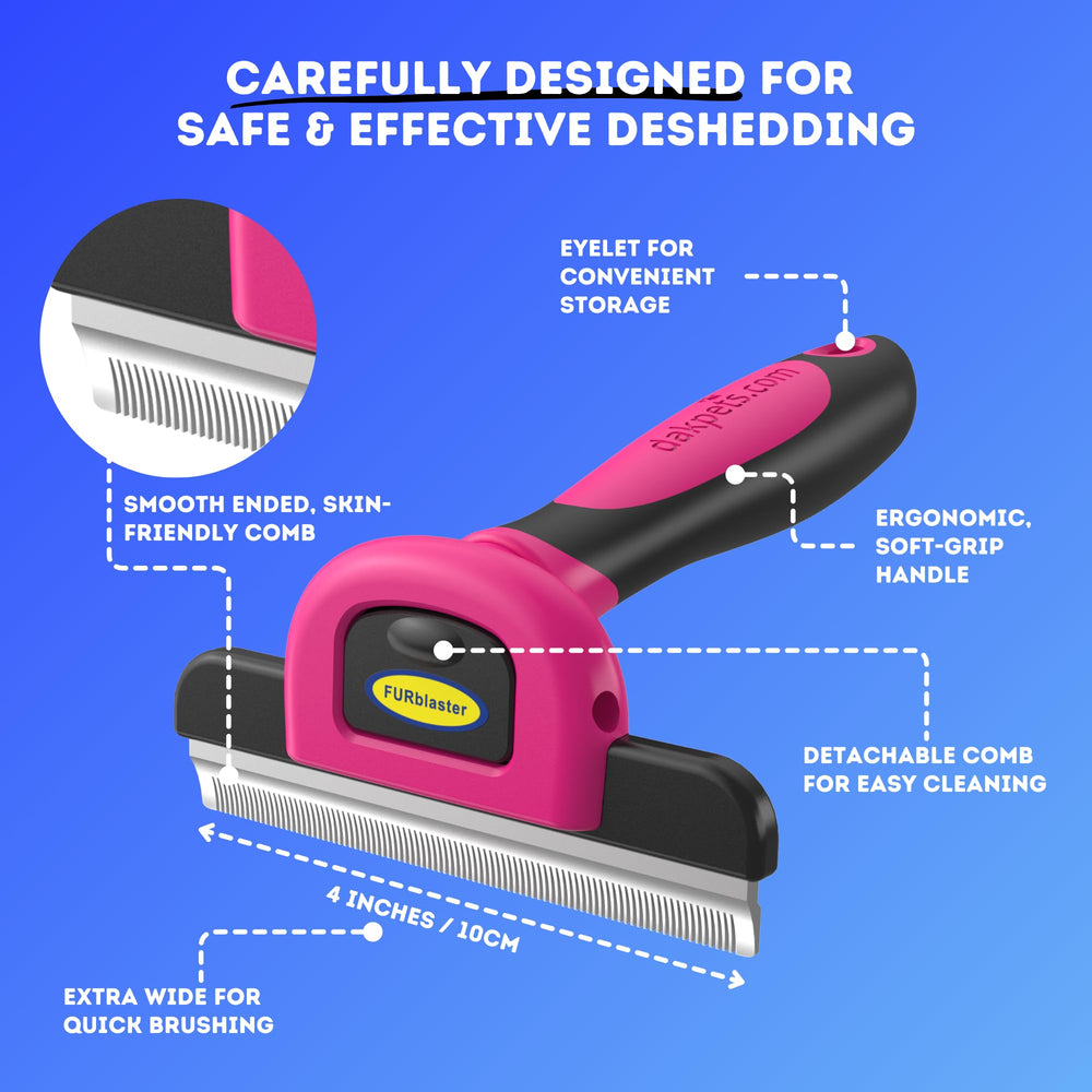DakPets pink deshedding brush in use on a short-haired dog.
