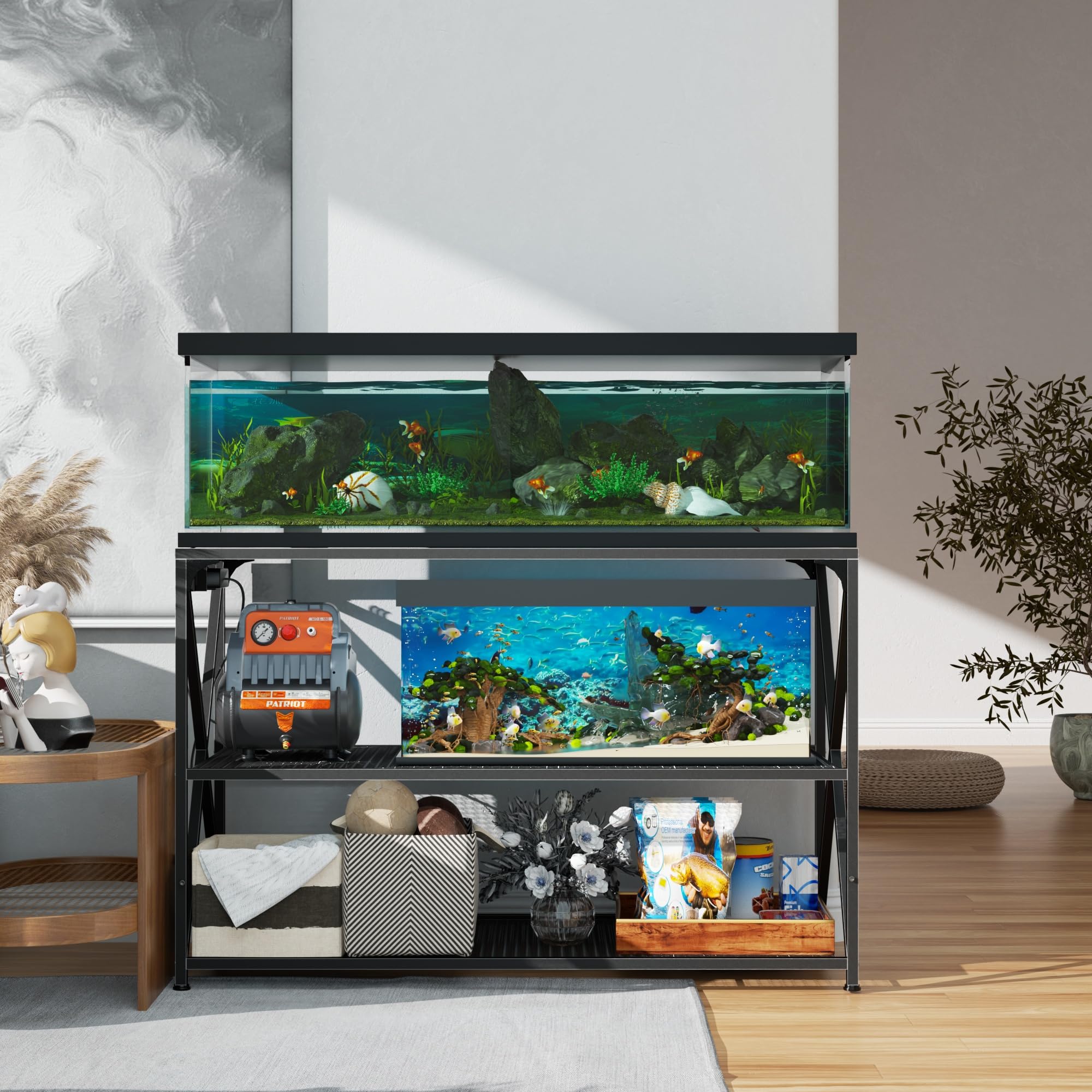 DALEMHOME anti-tip kit image emphasizes safety during feeding and water changes.