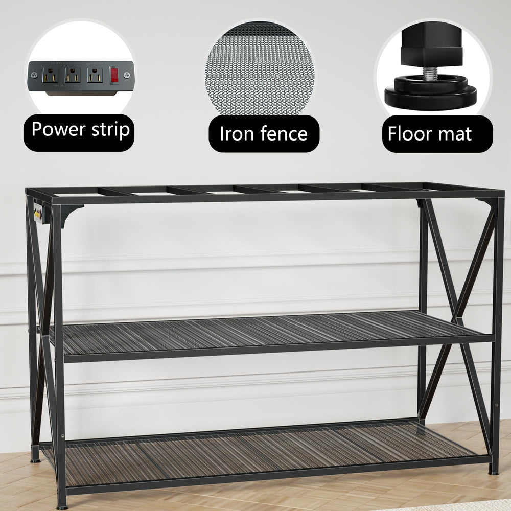DALEMHOME reinforced-corner-brackets stand highlights wobble-free stability for bulky tanks.