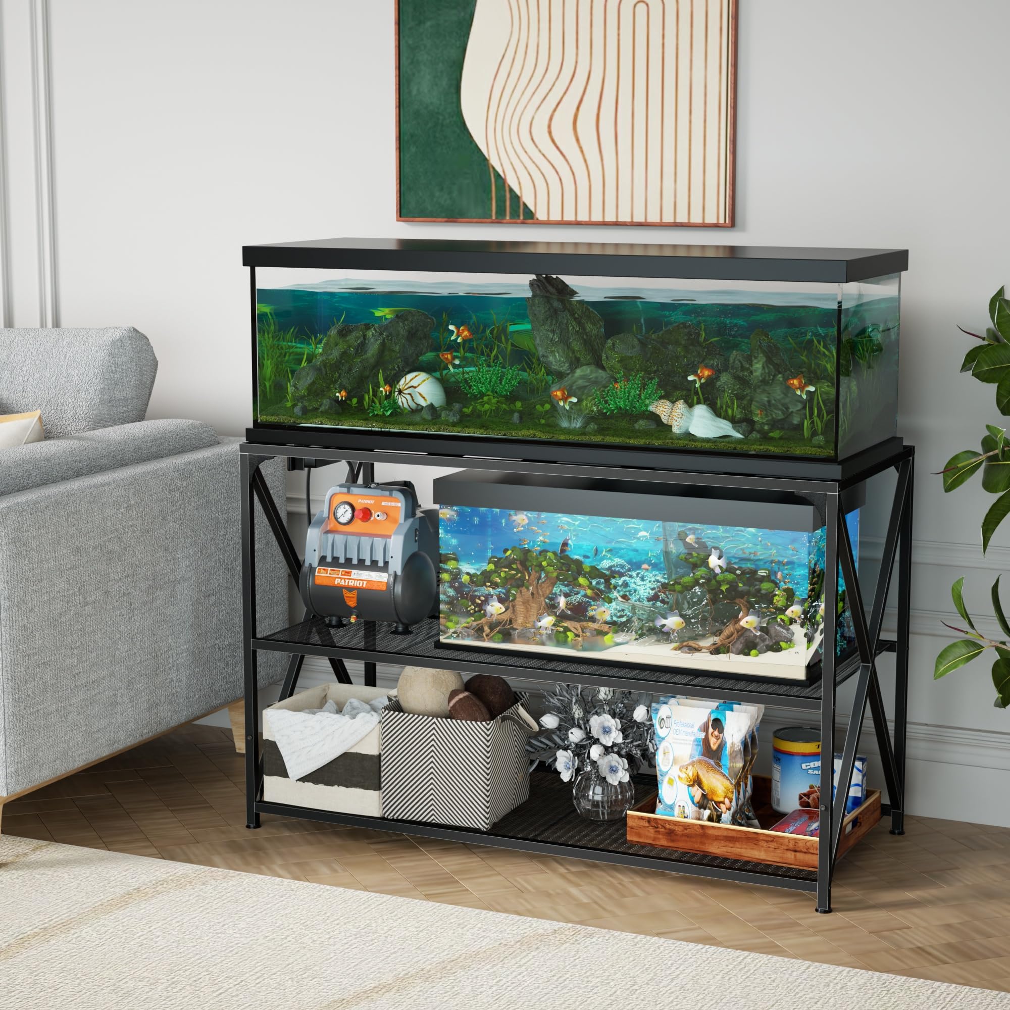 DALEMHOME three-tier storage shows space for canisters, buckets and aquarium supplies.