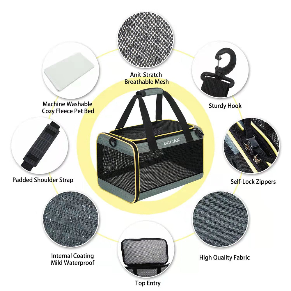 Dalian cat carrier features mesh ventilation for continuous airflow on flights.