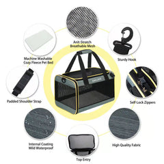 Dalian cat carrier features mesh ventilation for continuous airflow on flights.
