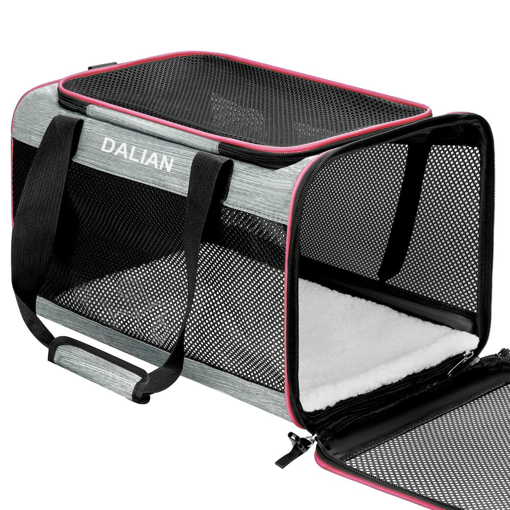 DALIAN cat-dog-soft-sided-carrier front view demonstrates airline-ready profile for travel