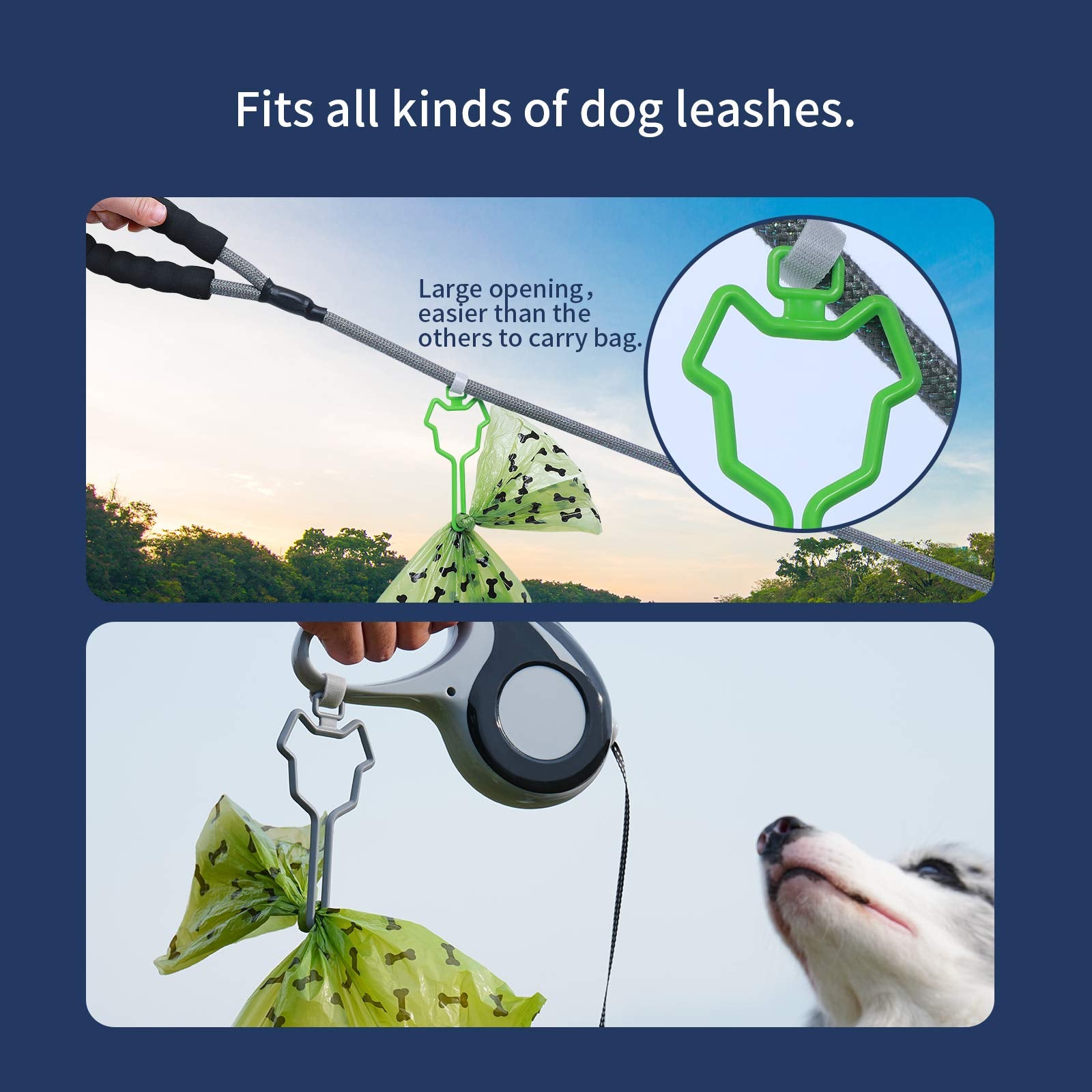 Dalzom lightweight dog poop holder attached to a leash for comfortable walks.