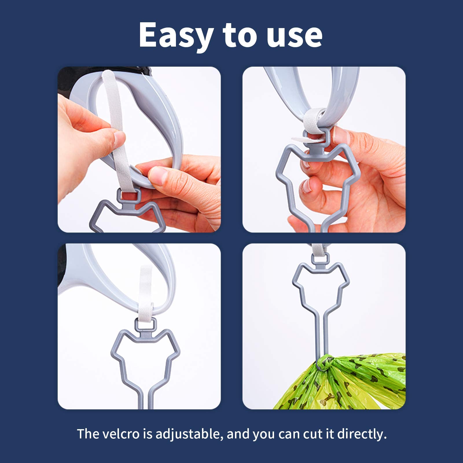 Dalzom poop bag holder showing easy attachment and quick removal function.