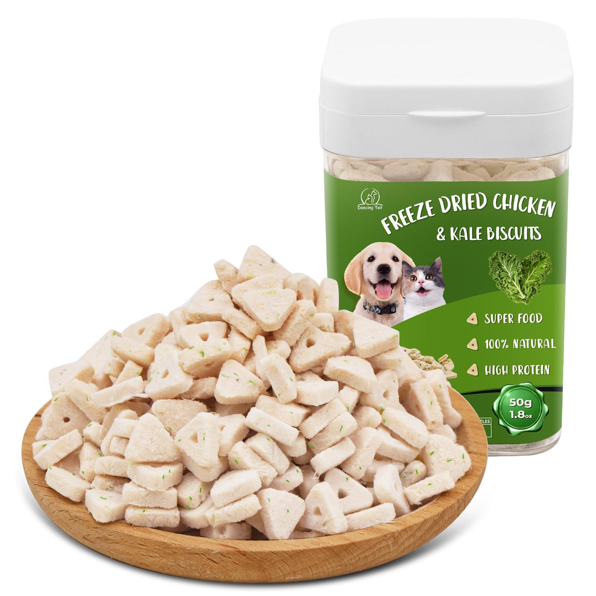 Dancing Tail freeze-dried chicken kale cubes for dogs and cats offer a high-protein treat.