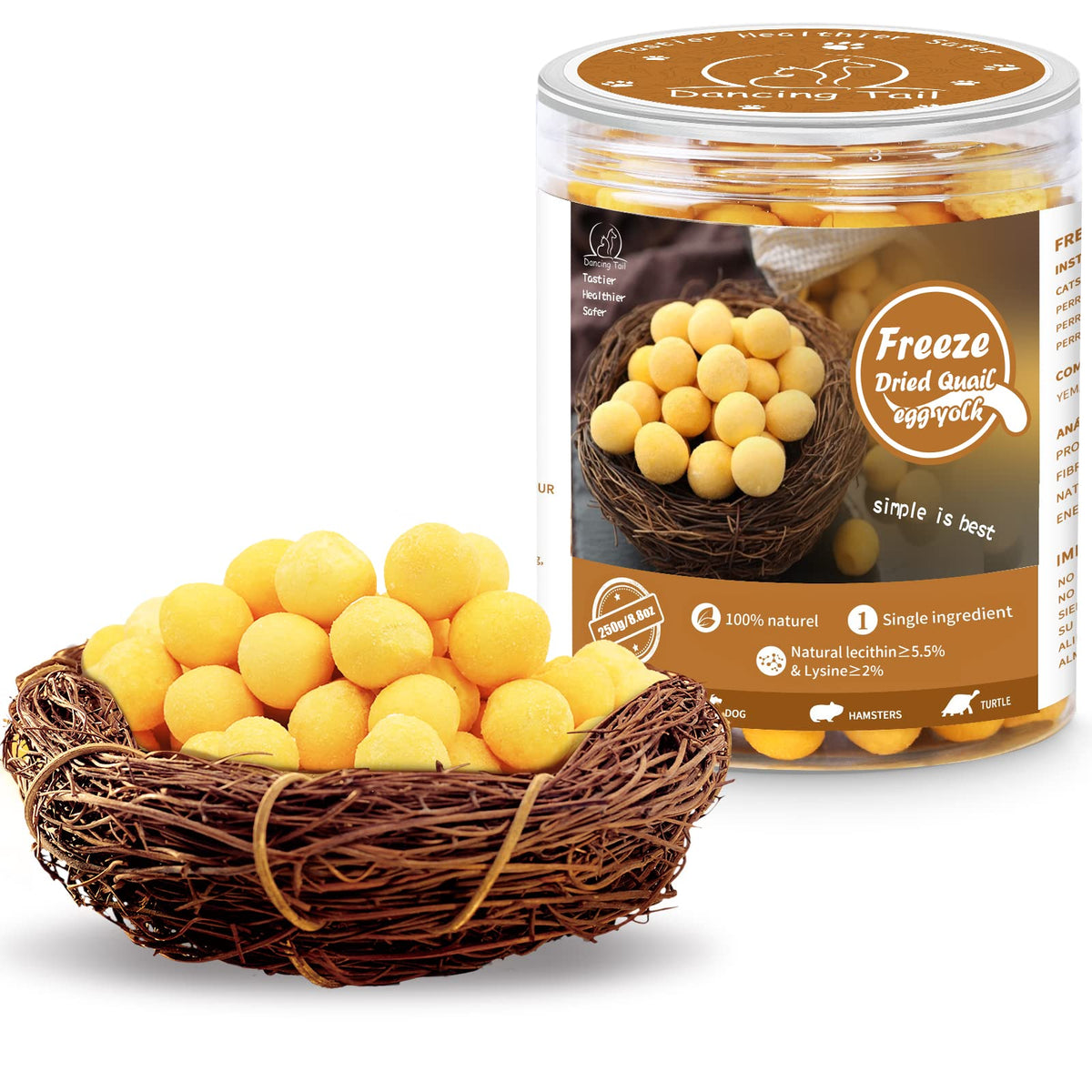 Dancing Tail freeze-dried quail egg yolk treat jar, premium ingredients for rewards.