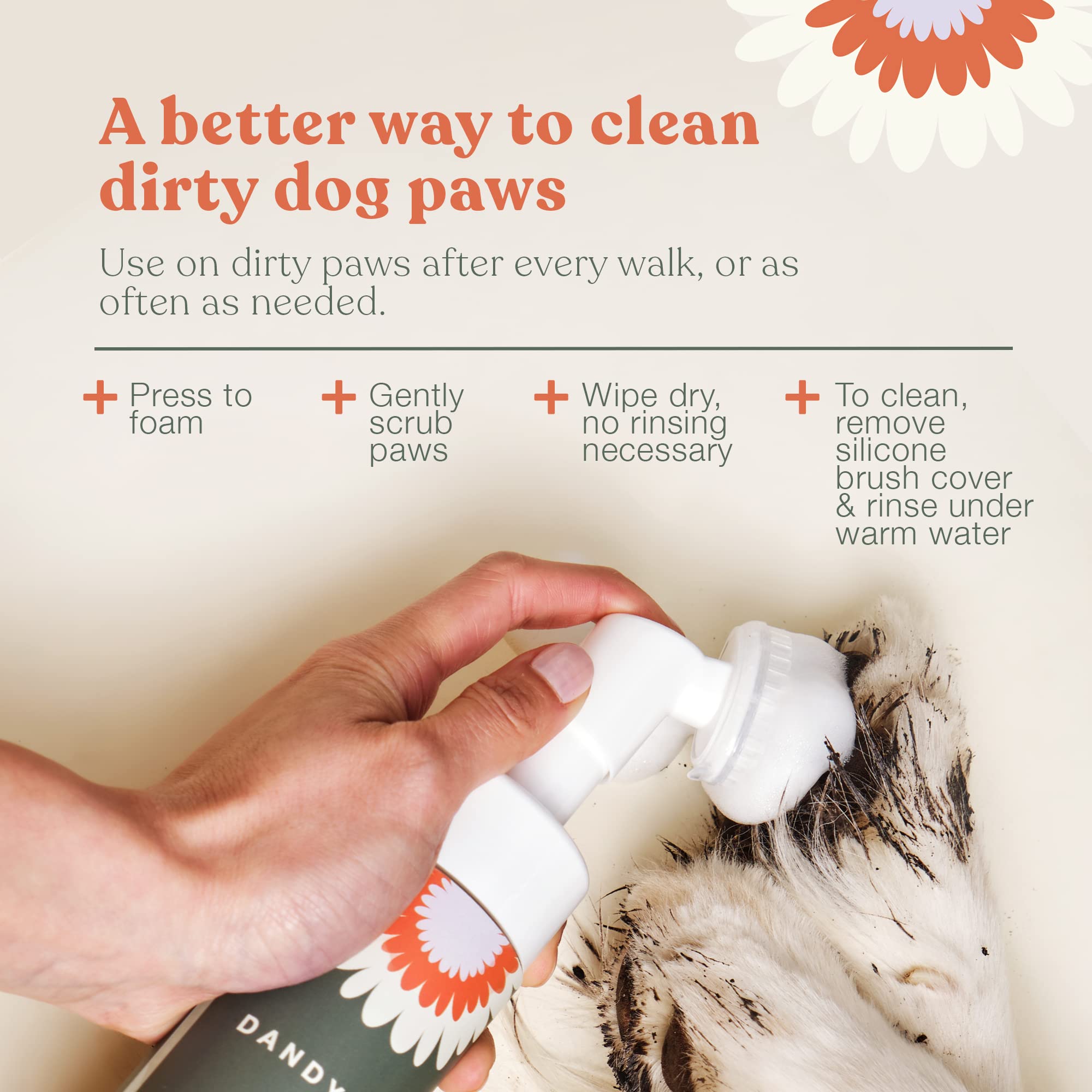 Dandylion Clean Paws foam-dispense shows effortless no-rinse cleansing on paws.