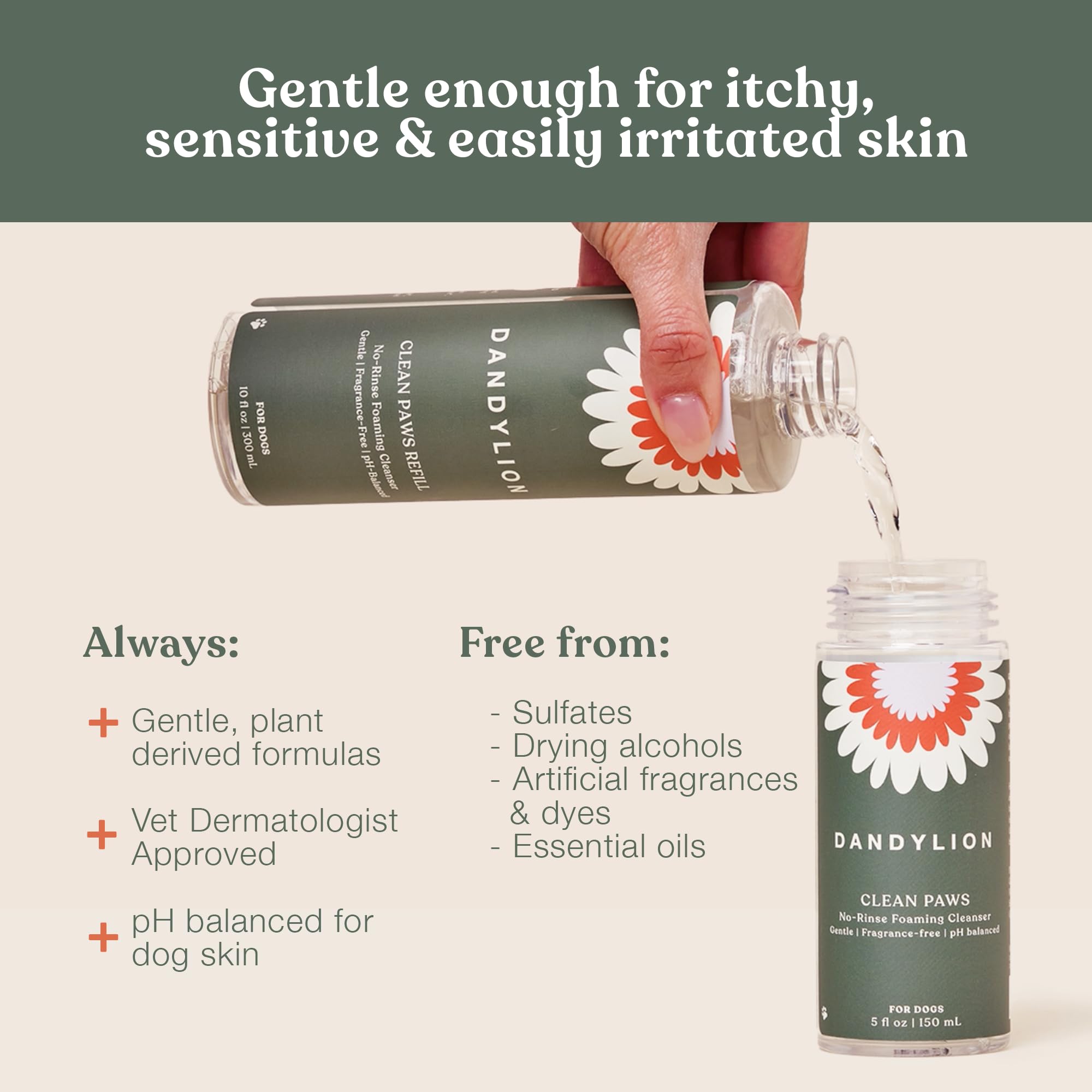 Dandylion Clean Paws fragrance-free safety highlights gentle dog formula.