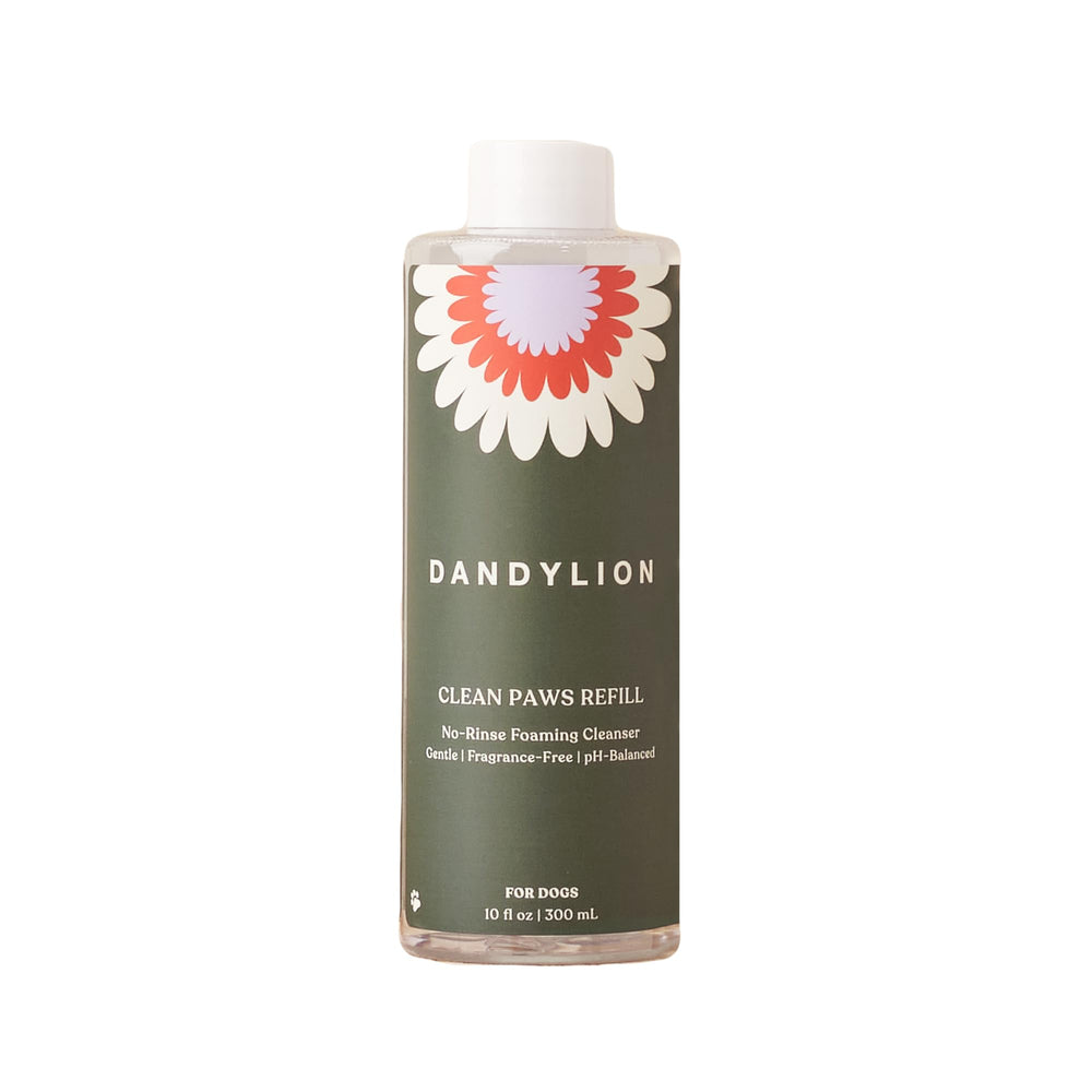 Dandylion Clean Paws refill bottle with no-rinse foam for quick paw cleaning.