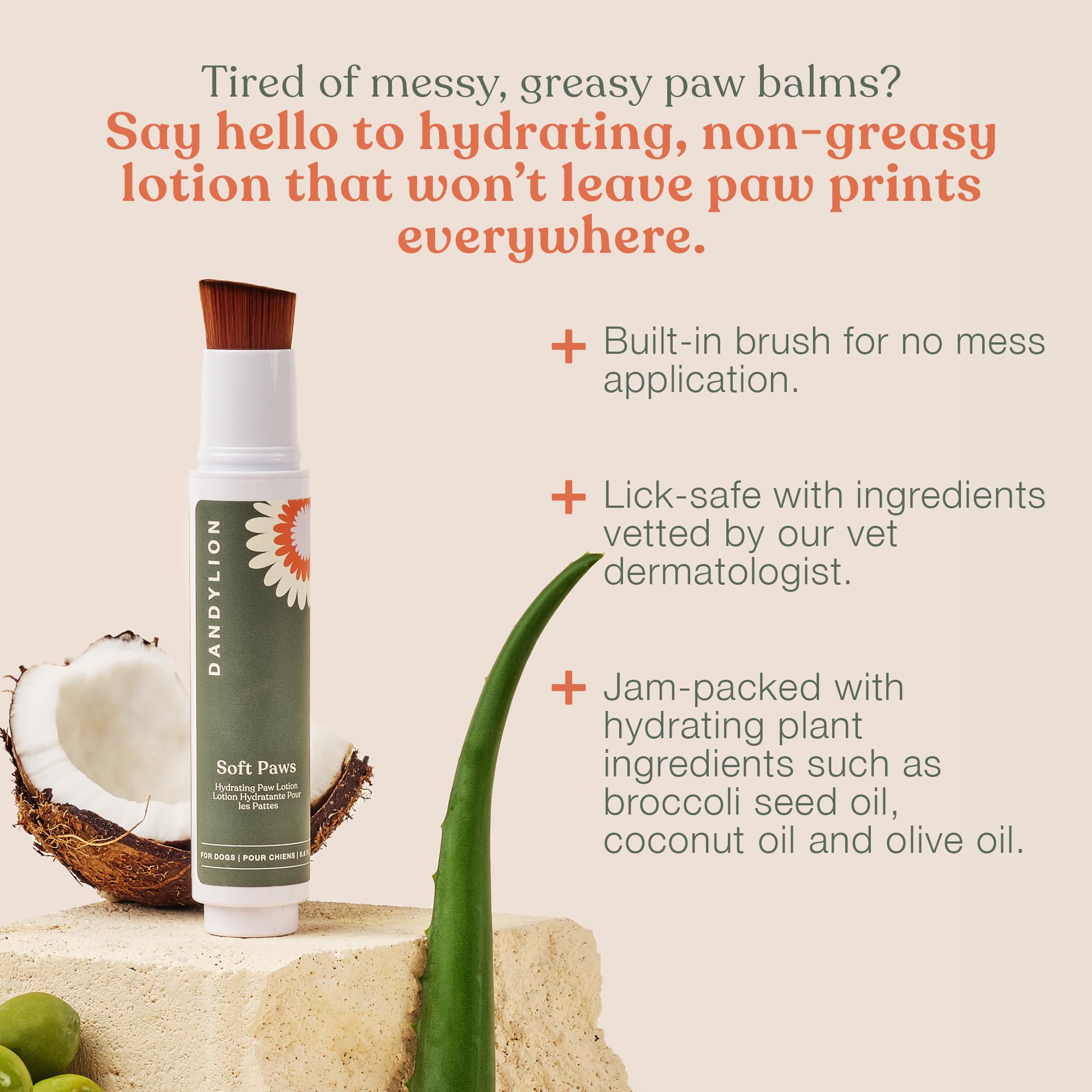 Dandylion Soft Paws lotion brush closeup improves precise application on paw pads.