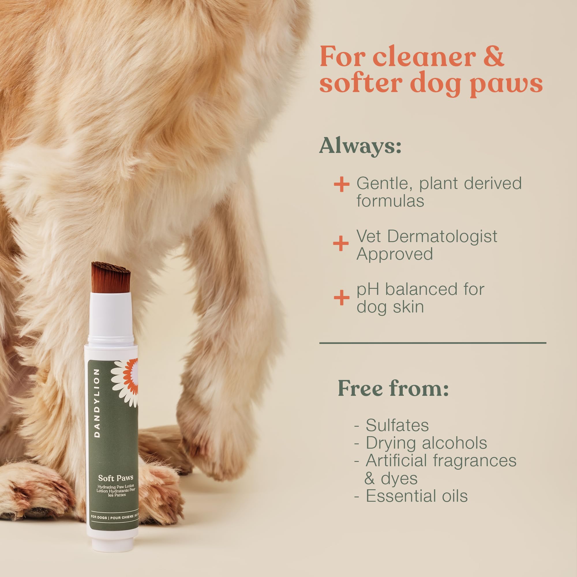 Dandylion Soft Paws fragrance-free label signals gentle, all-over paw care.