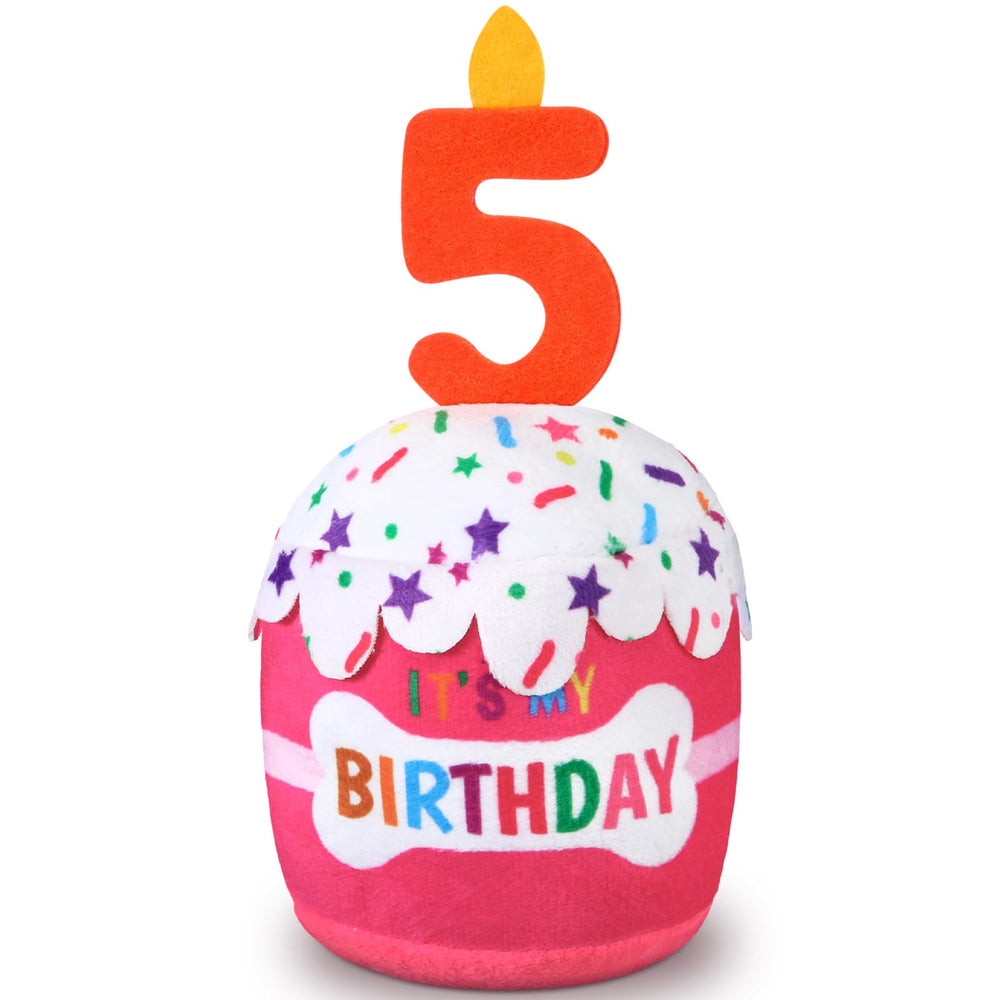 Dansydaisy dog birthday cake toy pink top-view for celebrating a dog's fifth birthday