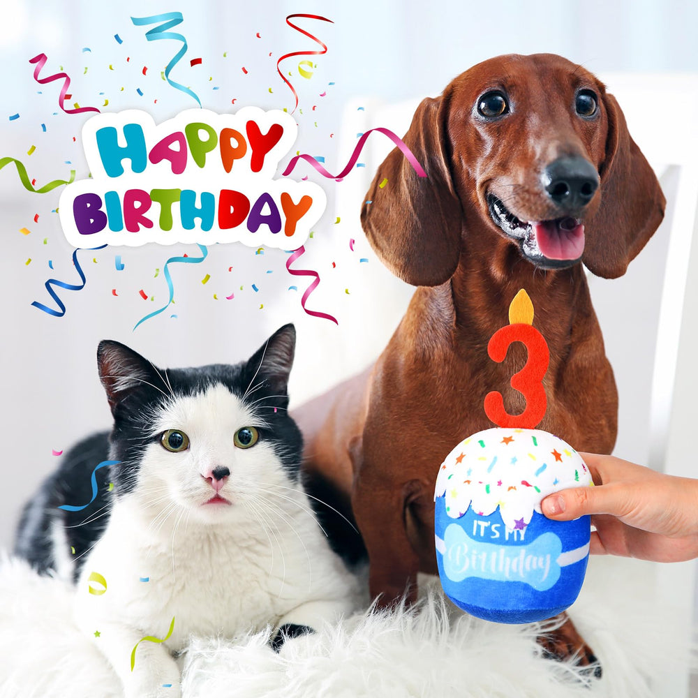 Dansydaisy blue dog birthday cake toy close-up as party decor prop