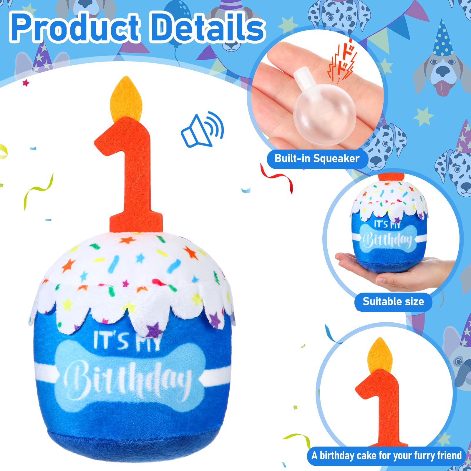 Dansydaisy dog birthday cake toy blue front view encourages interactive squeak play sessions.
