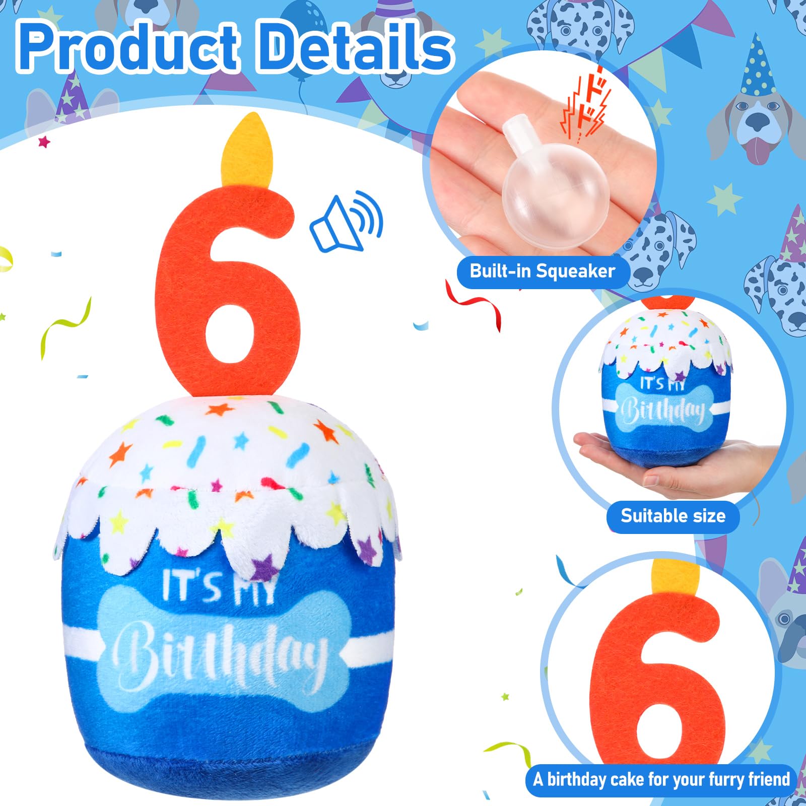 Dansydaisy dog birthday cake toy blue front view sparks joyful party moments and squeaky play.