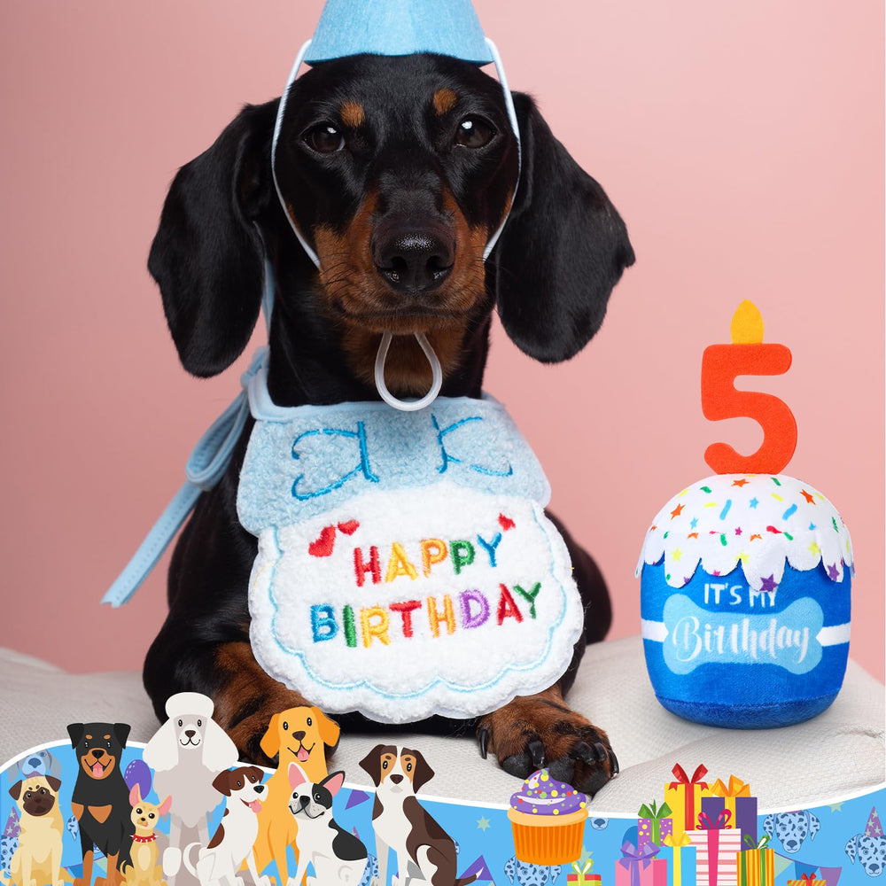 Dansydaisy dog birthday cake toy blue in-use photo shows party fun and dog engagement
