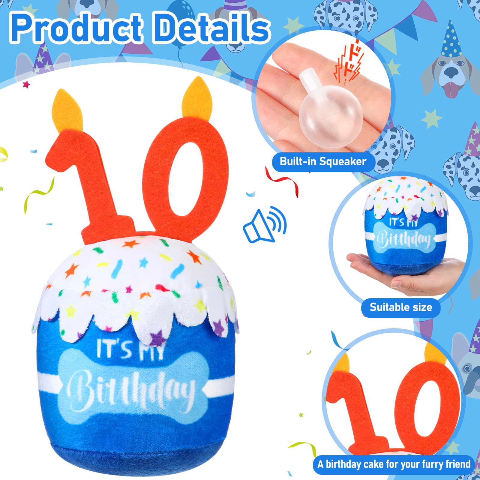 Dansydaisy dog birthday cake toy blue side view highlighting durable plush and chewelike feel