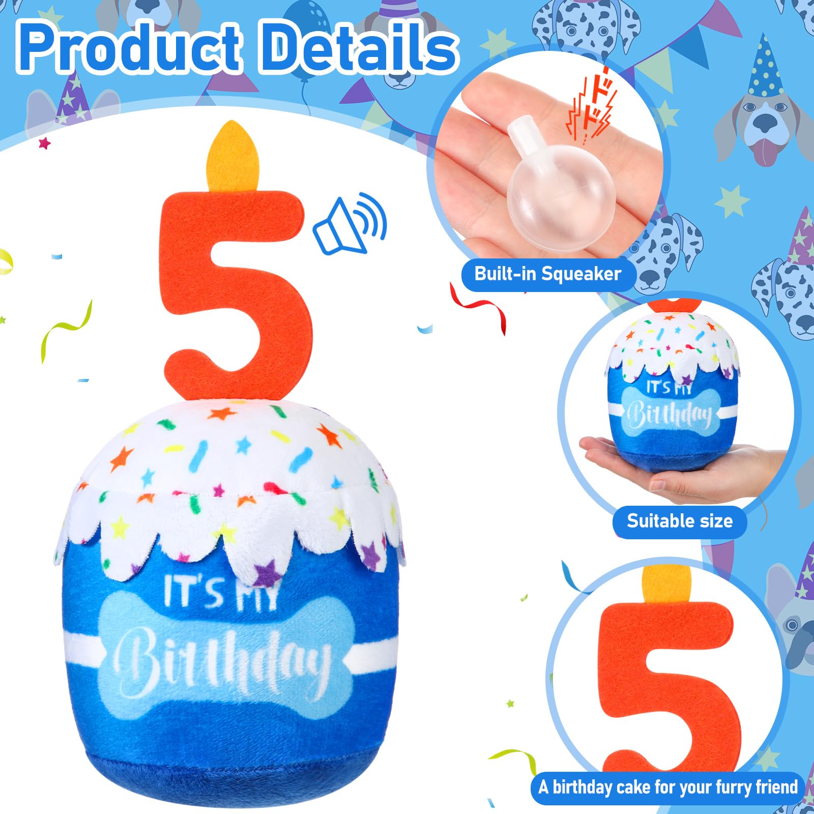 Dansydaisy dog birthday cake toy blue side view highlighting durable plush for teething fun