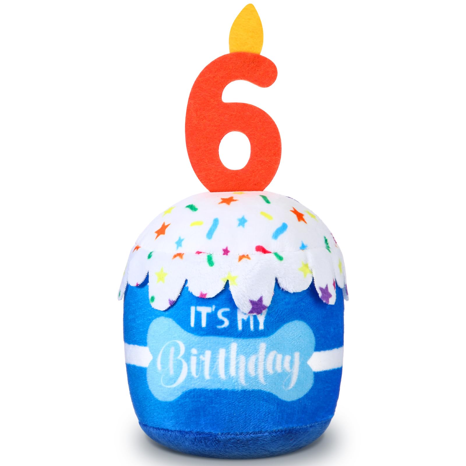 Dansydaisy dog birthday cake toy blue side view promotes playful celebration and teething fun.