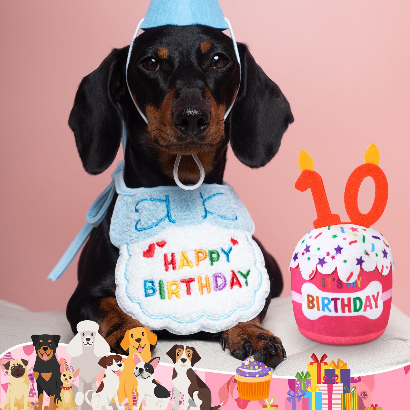 Dansydaisy dog birthday cake toy dimensions show 7.87 by 3.74 inches for all breeds