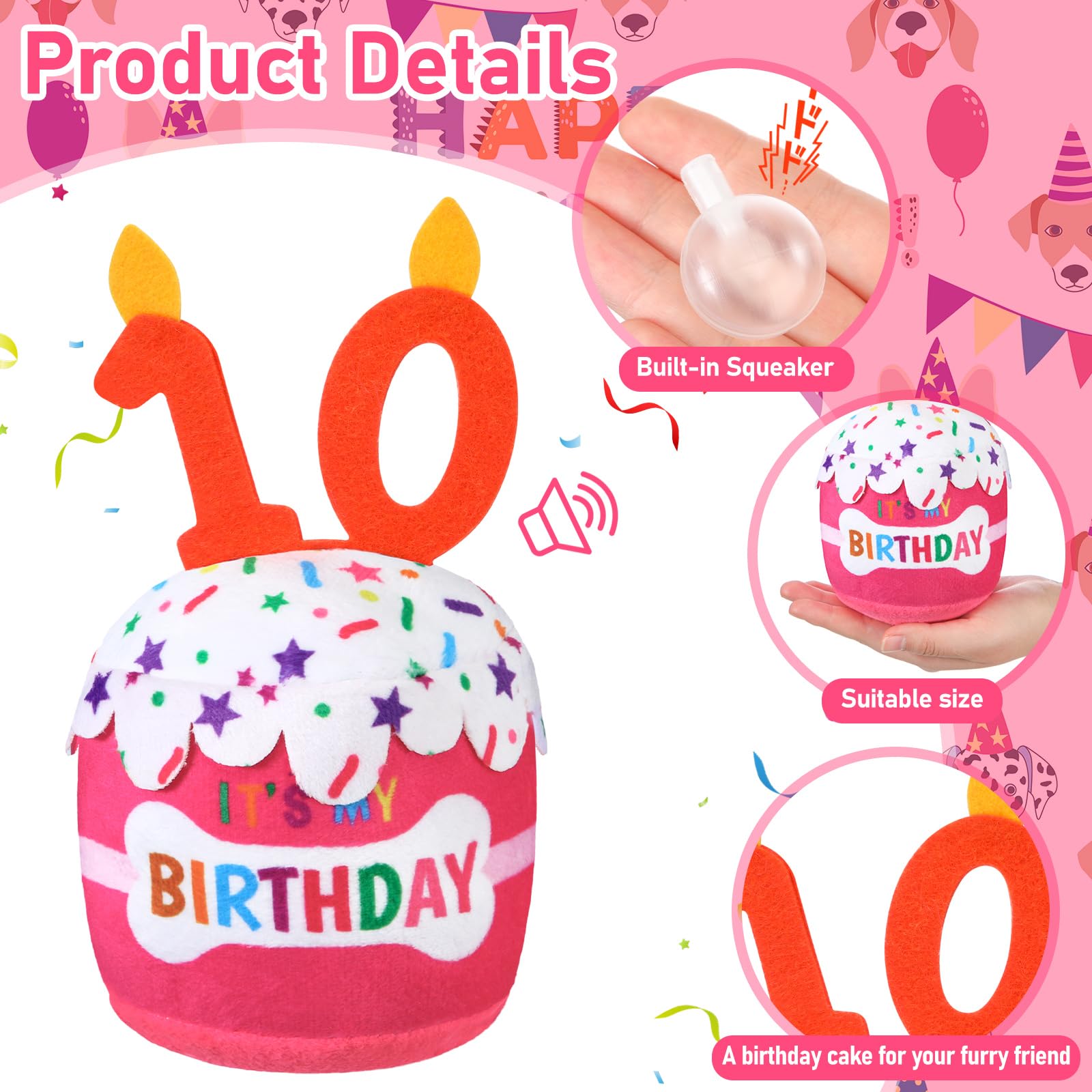 Dansydaisy dog birthday cake toy front view with festive pink design for celebrations
