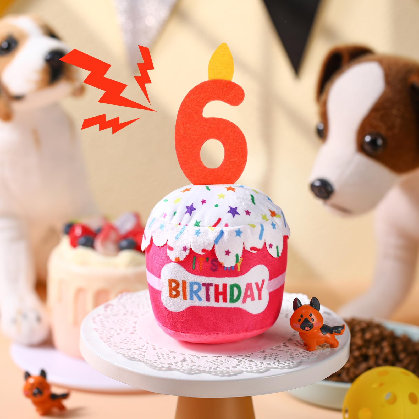 Dansydaisy dog birthday cake toy pink party-decor closeup, ideal for photos and memorable moments.